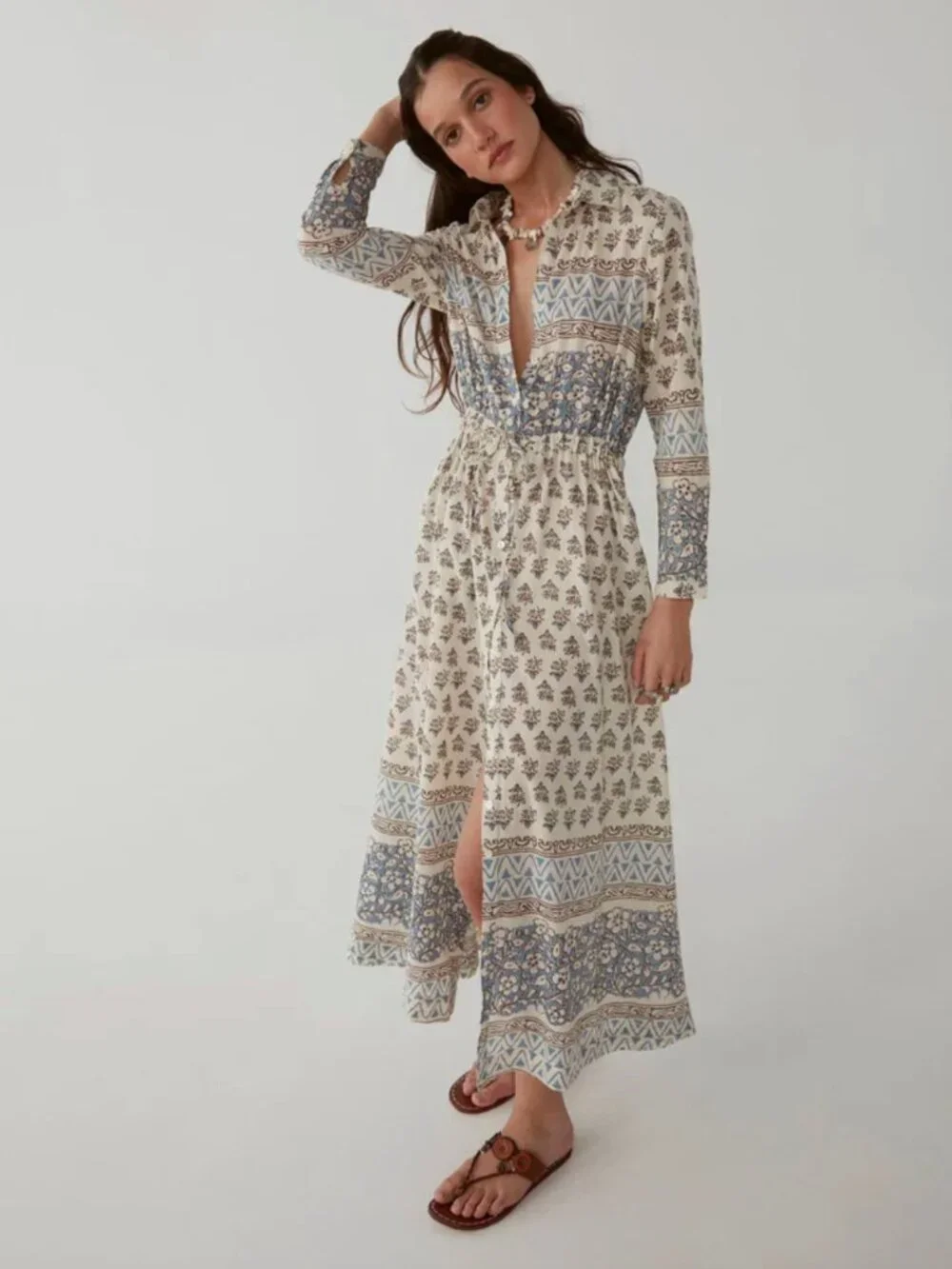 Maison Hotel Justine Floral Button Up Cotton Robe Dress in Ecru White + Blue, S - Picture 1 of 13